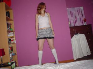 A red-haired student with glasses spread her legs in lace stockings and showed a pussy. Part 2. Thumb 31