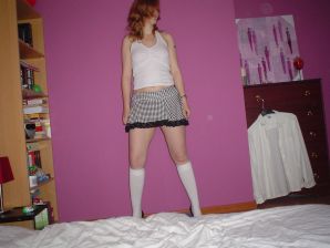 A red-haired student with glasses spread her legs in lace stockings and showed a pussy. Part 2. Thumb 32